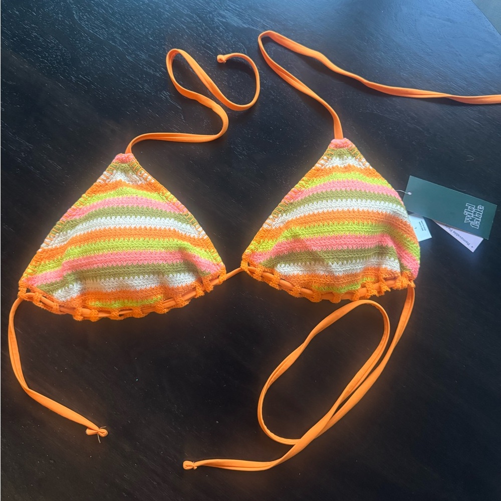 NEW w Tag Orange White Pink & Green Crochet Triangle Bikini Top Large Wild Fable